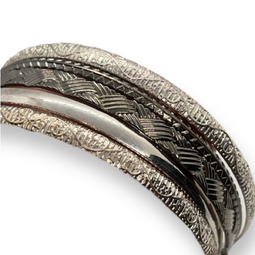 Boho Western Bangle Bracelets Sliver Tone Mixed Thickness Textured